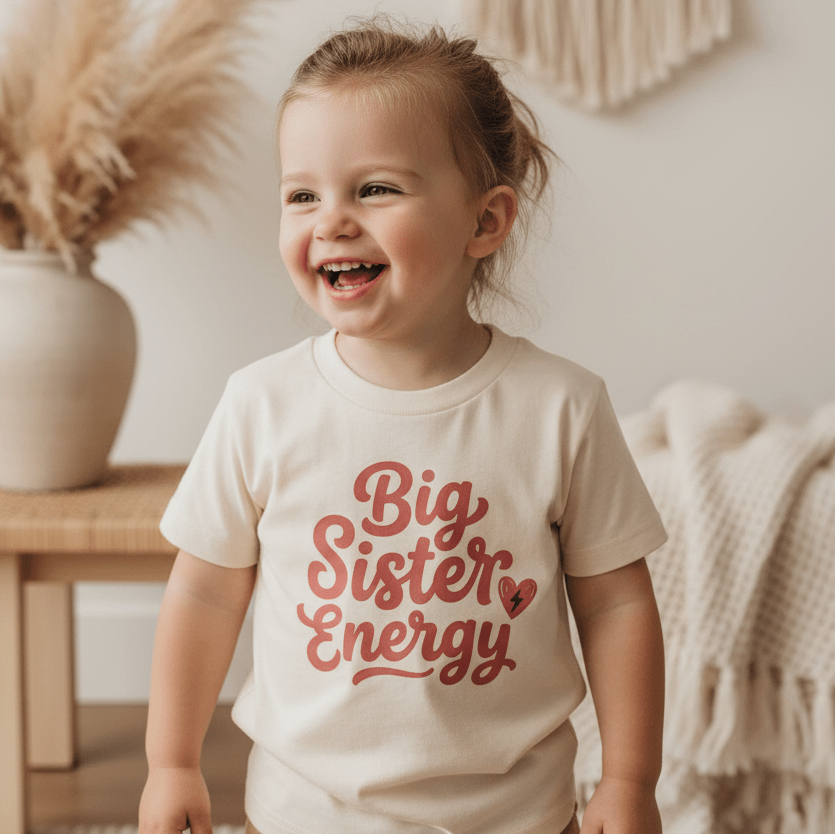 A happy toddler wears the Toodleroos Big Sister Energy Toddler Shirt – Confident Sibling Tee in cream, featuring bold red “Big Sister Energy” lettering, joyfully celebrating her new big sister status while standing indoors near a bench decorated with pampas grass and a textured blanket in the background.