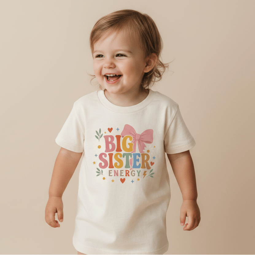 A smiling toddler wears the Toodleroos Big Sister Energy Toddler Shirt featuring a retro floral design and colorful text—perfect for a pregnancy announcement—along with a pink bow and surrounded by small decorative hearts, stars, and leaves.