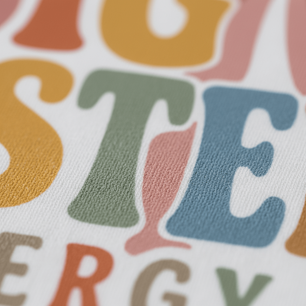Close-up of vibrant, retro-floral letters in green, blue, yellow, and pink spelling out “BIG SISTER ENERGY” on textured white fabric—an adorable and playful detail from the Toodleroos Big Sister Energy Toddler Shirt, perfect for a whimsical sibling reveal or memorable pregnancy announcement.