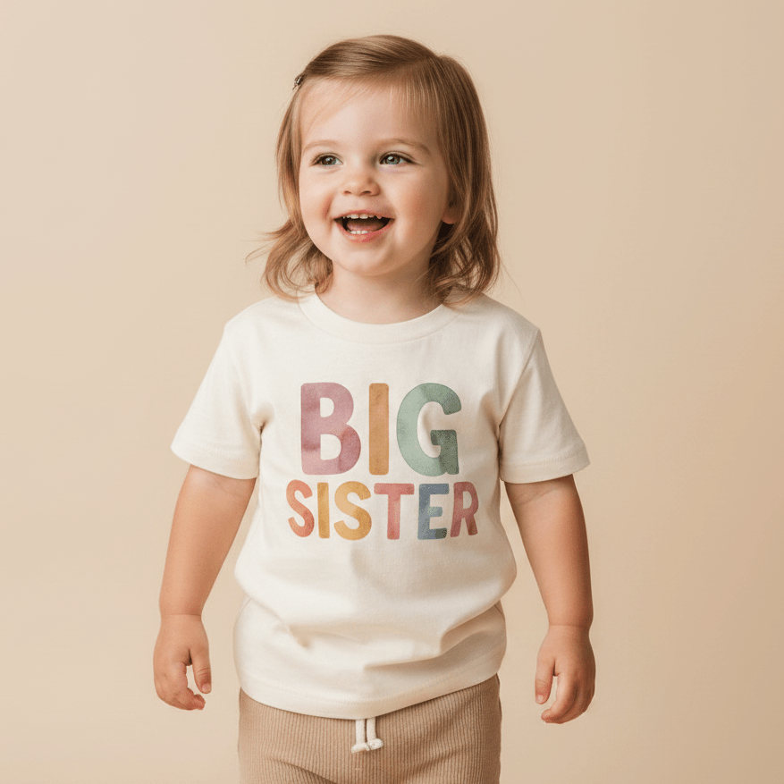 A young child beams in the Toodleroos Big Sister Toddler Shirt – Colorful Retro Design, featuring bold, playful lettering on a cream background—an adorable choice for a memorable pregnancy announcement.