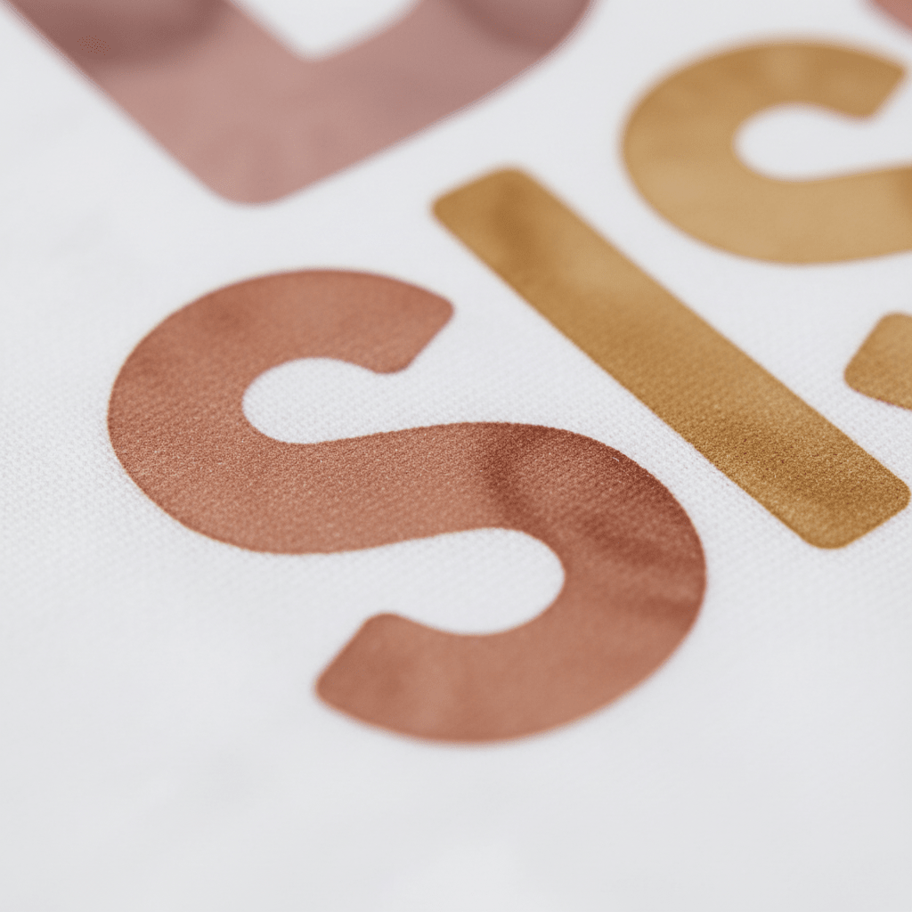 Close-up of printed letters “S” and part of “I” in brown and gold hues on a white textured fabric background from the Toodleroos Big Sister Toddler Shirt – Colorful Retro Design, ideal for a pregnancy announcement or as a special outfit for your toddler.