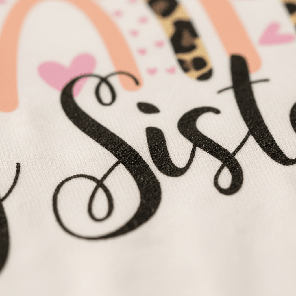 Close-up of the word “Sister” in black cursive on white fabric, accented with pink hearts and leopard rainbow print—this Toodleroos Big Sister Toddler Shirt is perfect for a special pregnancy announcement or as a sweet gift for your little one.