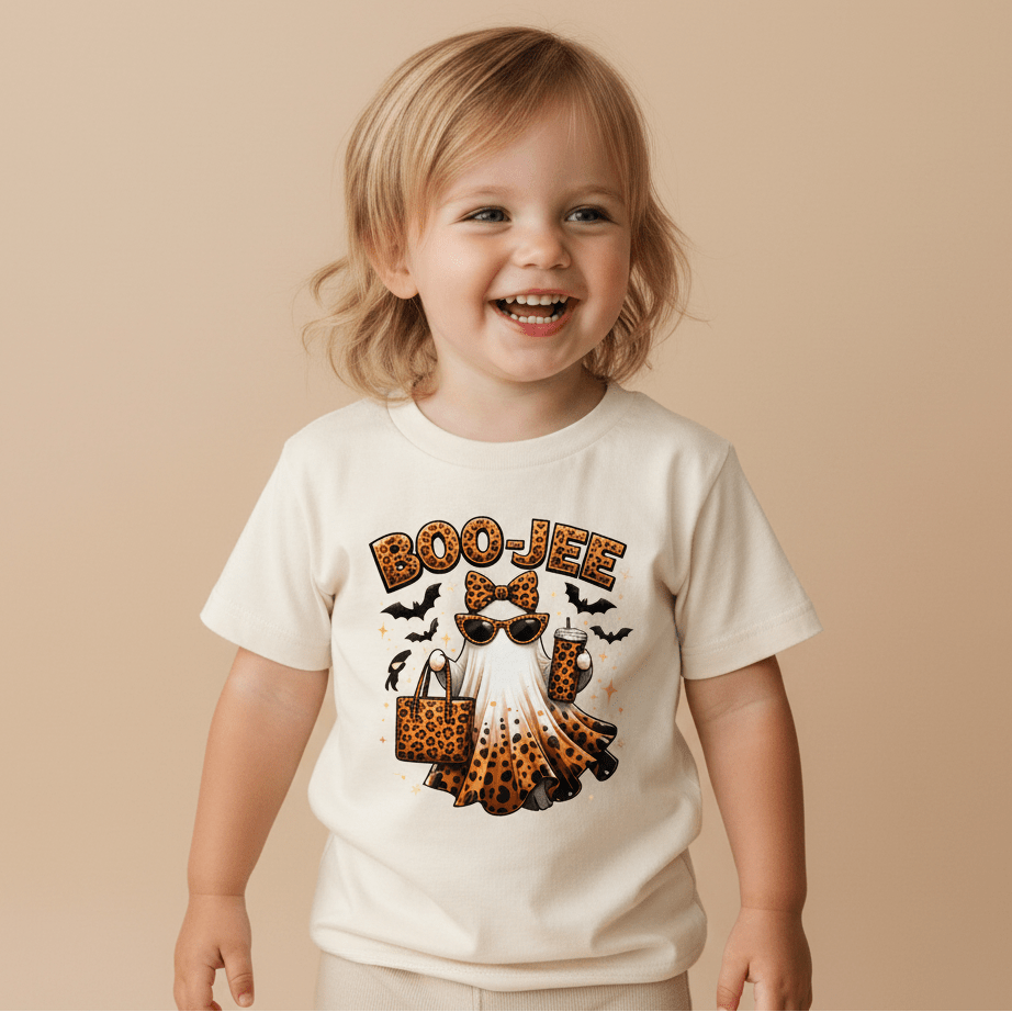 A happy toddler models the Toodleroos Boo-Jee Ghost Toddler Girls Shirt—a leopard print Halloween tee featuring a ghost with sunglasses—styled with a matching leopard-print bow and bag, festive pumpkins, and bats in the background.