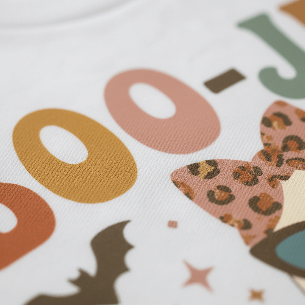 Close-up of fabric with the text “Boo!” in colorful letters, a cartoon bat, and a leopard print bow—a playful design featured on the Toodleroos Toddler Girl Halloween Shirt – Boo-Jee Ghost Short-Sleeve Tee, perfect for a cute Halloween outfit this season.