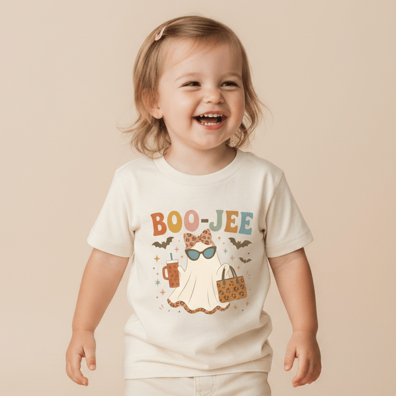 A smiling toddler wears the Toodleroos Toddler Girl Halloween Shirt – Boo-Jee Ghost Short-Sleeve Tee, featuring a playful ghost in sunglasses holding a drink and purse, with bats and sparkles on a beige background—an adorable choice for a cute Halloween outfit.