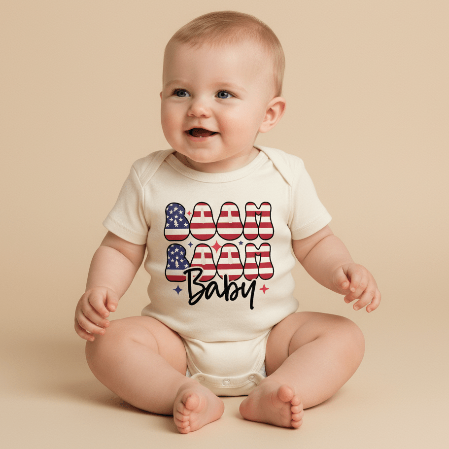 A happy baby sits on a beige background, dressed in the Toodleroos Boom Boom Baby 4th of July Onesie – Patriotic Bodysuit, a gender-neutral white outfit featuring “Boom Boom Baby” in bold American flag lettering—an ideal choice for your little one’s Independence Day celebration.