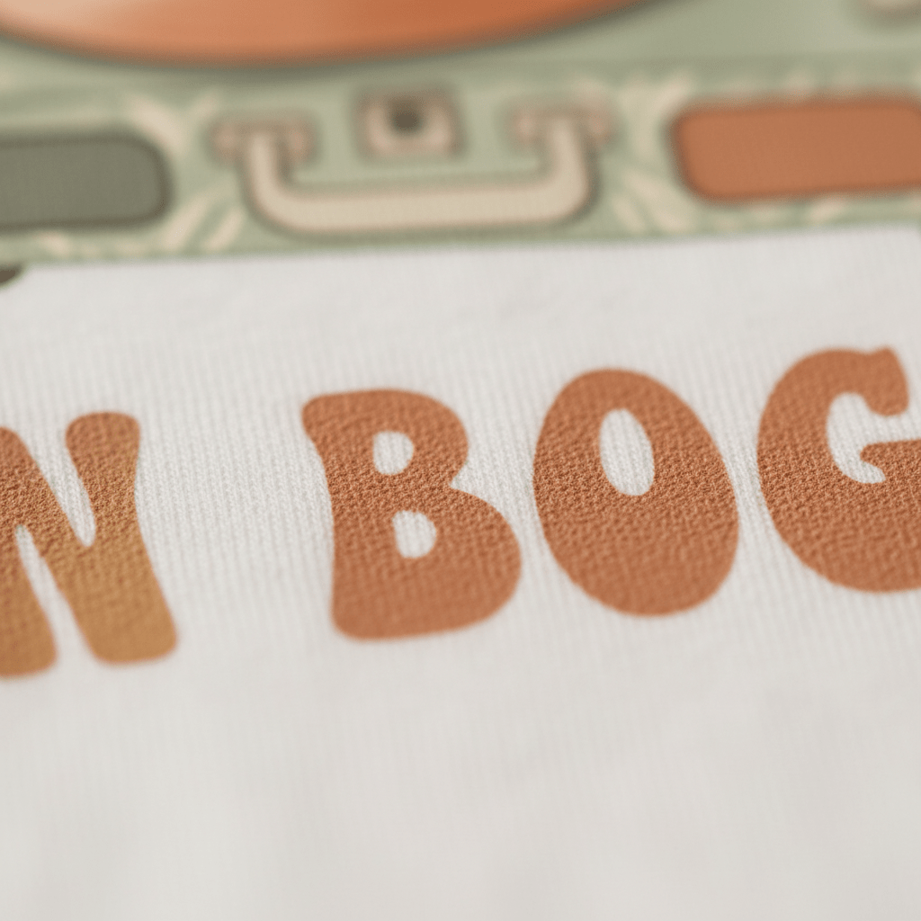Close-up of fabric from the Toodleroos Toddler Short-Sleeve Music Shirt – Born to Boogie Retro Record Player Tee, showing bold orange letters with hints of adjacent characters and a decorative green and tan pattern above—perfect for little ones who are born to boogie and love vintage style.
