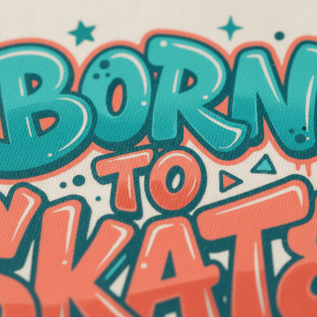 Close-up of vibrant graffiti-style text on fabric reading “BORN TO SKATE” in bold blue and orange letters with decorative accents, showcasing the energetic design of the Toodleroos Born to Skate Youth Boys Shirt – Skateboard Graphic Tee.