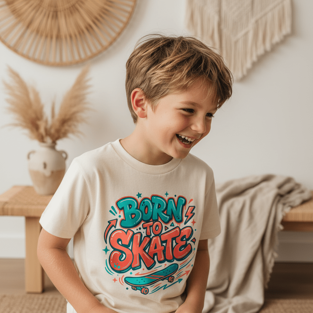 A smiling young boy wears the Toodleroos Born to Skate Youth Boys Shirt – Skateboard Graphic Tee while standing indoors, surrounded by pampas grass and neutral decor.