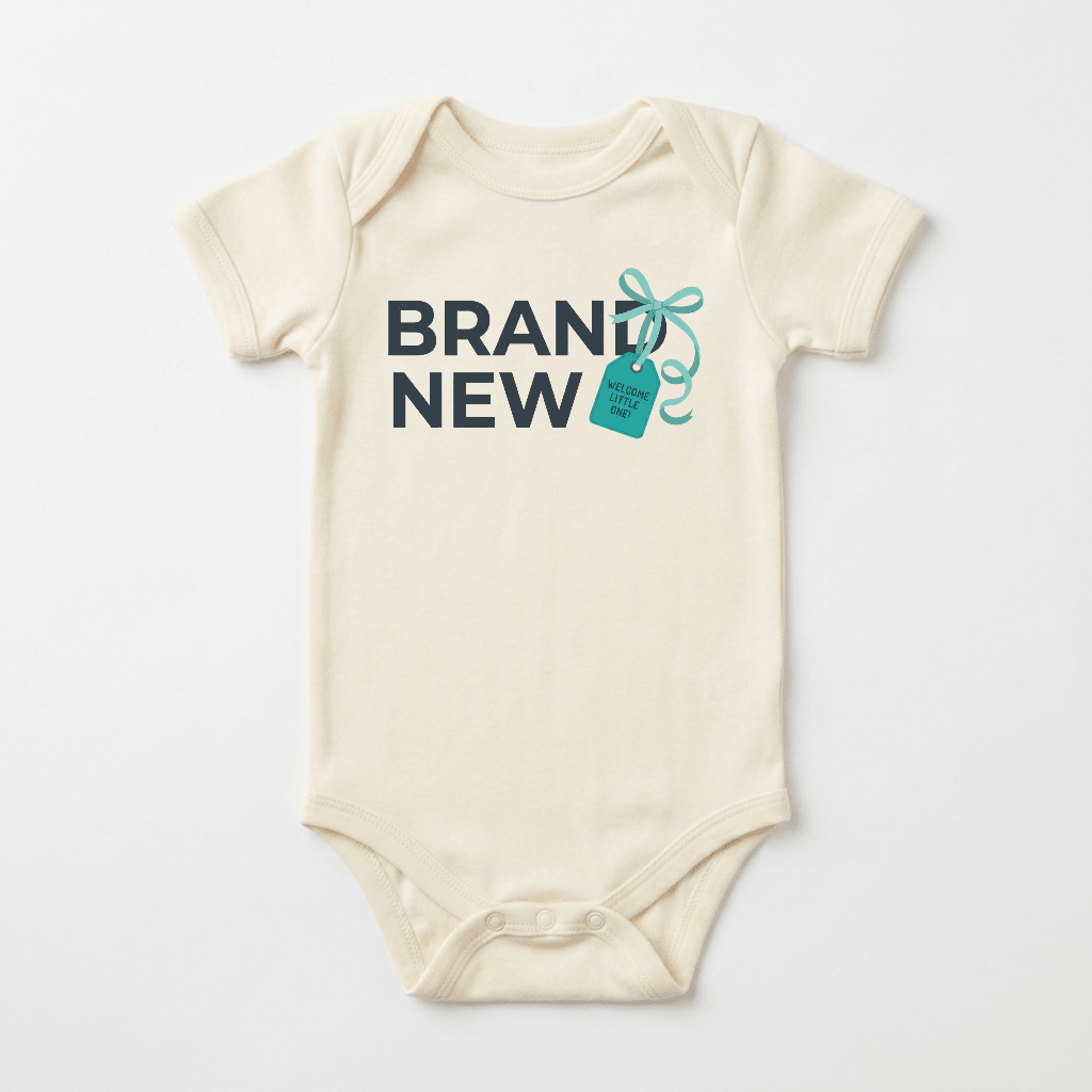 Introducing the Toodleroos Brand New Baby Onesie – Welcome Little One Bodysuit: a cream-colored onesie featuring “BRAND NEW” in bold letters and a turquoise gift tag with a bow reading “HELLO LITTLE ONE” printed on the chest—making it an adorable choice for baby announcements or a thoughtful baby shower gift.