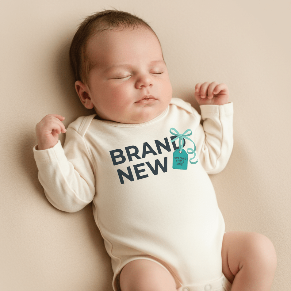 A sleeping baby in a cream-colored Toodleroos “Brand New Baby Onesie – Welcome Little One Bodysuit” that says BRAND NEW, with a small illustrated gift tag beside the text—perfect as a baby shower gift or as a sweet baby announcement outfit.