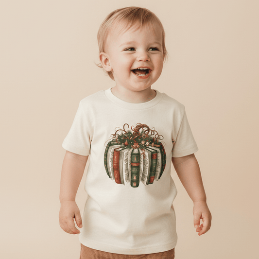 A happy toddler wearing the Toodleroos Christmas Book Wreath Tee—a festive baby holiday shirt featuring an illustration of books arranged in a wreath shape, adorned with leaves and vines—perfect for literary families looking to celebrate the season together.