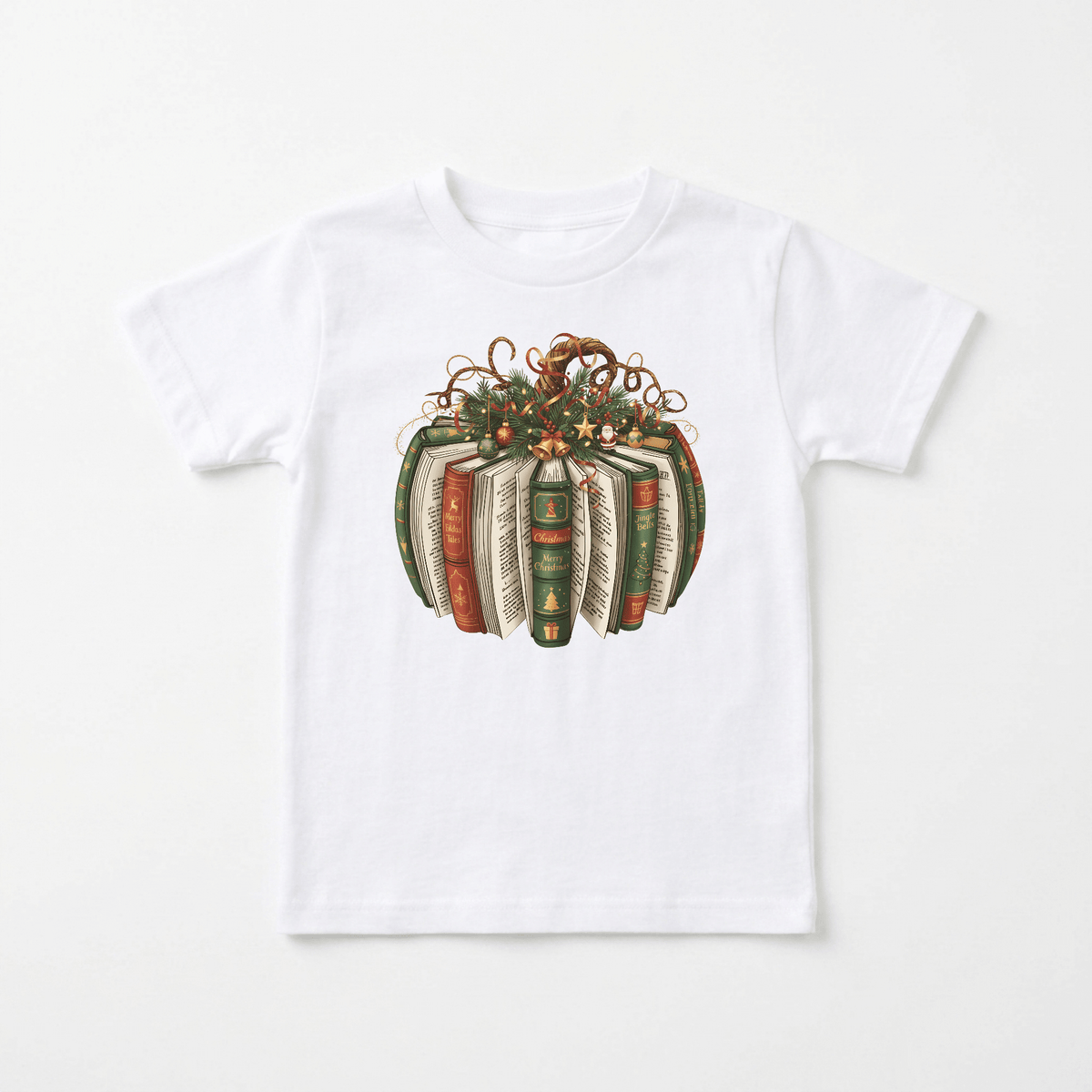 Dress your little one in festive style with the Toodleroos Christmas Book Wreath Tee – a white baby holiday shirt featuring an illustrated wreath made from stacked vintage books with green, brown, and red covers, adorned with autumn leaves and curly vines—the perfect literary-themed addition to any book-loving family’s holiday outfit.