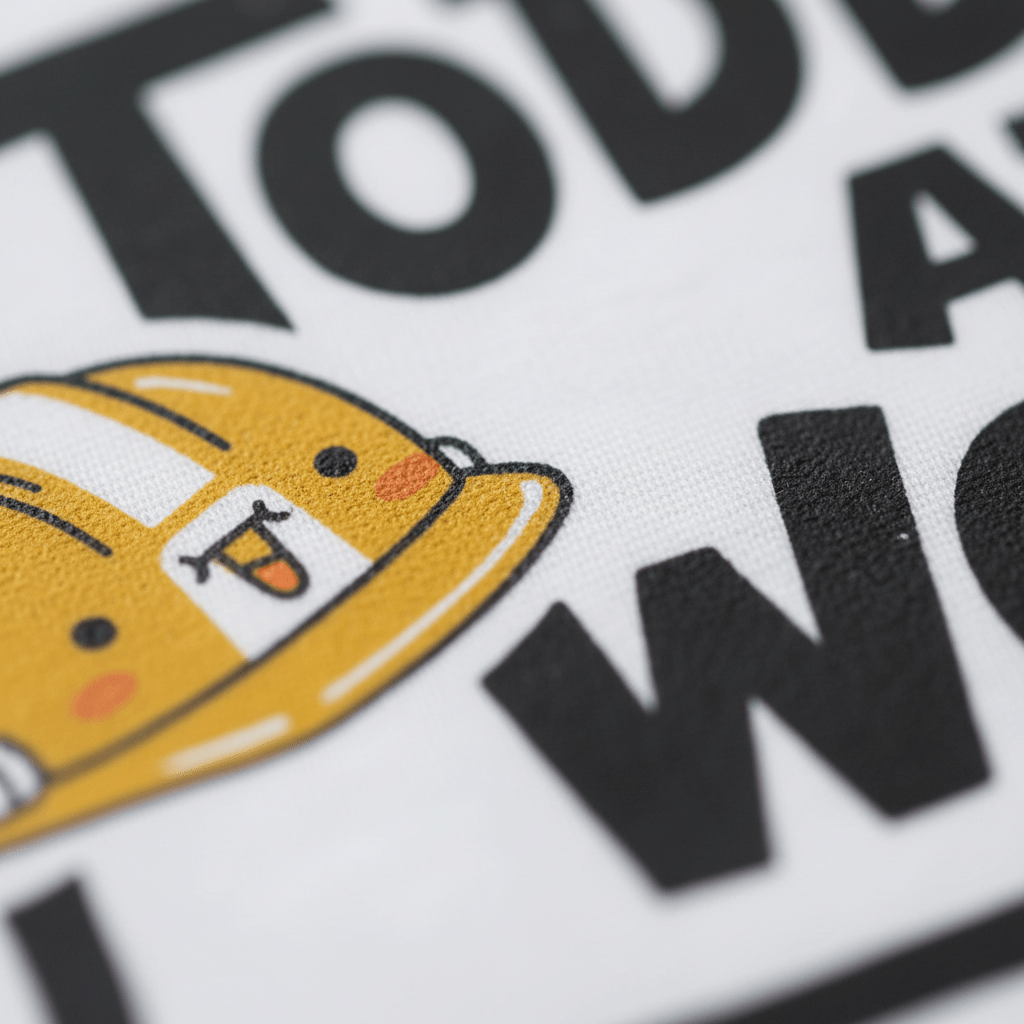 Close-up of a cute yellow cartoon construction helmet with a smiling face and blushing cheeks, beside bold black text on a white background—perfect for designing the Toodleroos Construction Zone Toddler at Work Shirt – Little Builder Tee, an adorable choice for a toddler construction shirt or a fun construction birthday outfit.