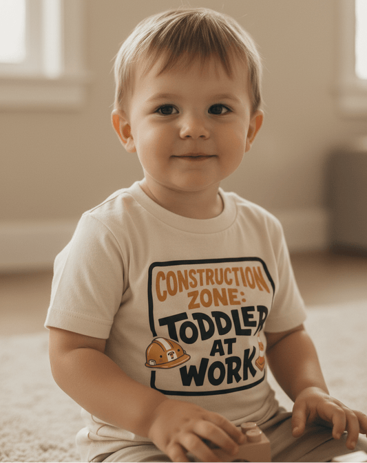 A toddler sits smiling on a carpeted floor, wearing the Toodleroos Construction Zone Toddler at Work Shirt – Little Builder Tee, which features a sign that says “CONSTRUCTION ZONE: TODDLER AT WORK” and includes a small construction helmet graphic.