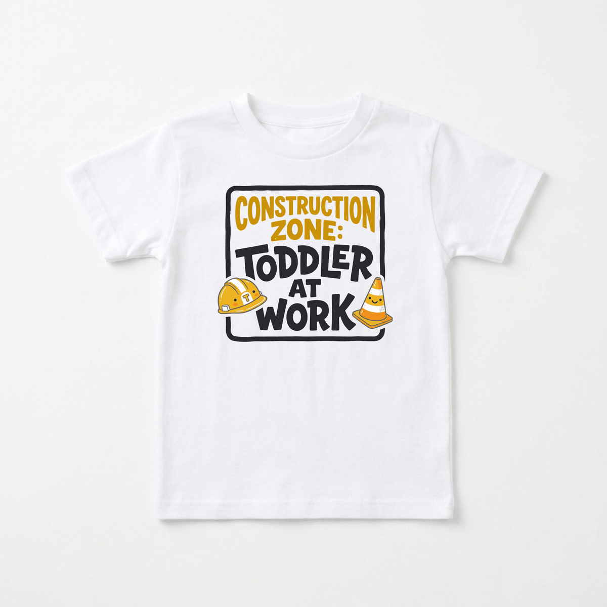 Dress your little builder in the Toodleroos Construction Zone Toddler at Work Shirt – Little Builder Tee, featuring a fun “Construction Zone: Toddler at Work” design with a yellow hard hat and an orange traffic cone—perfect as a construction-themed birthday outfit or everyday construction shirt for toddlers.