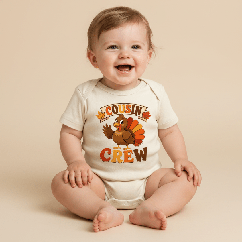 A smiling baby sits on the floor wearing the Toodleroos Cousin Crew Baby Onesie – Thanksgiving Turkey Bodysuit, featuring a fun cartoon turkey and “Cousin Crew” lettering, surrounded by autumn leaves—a perfect Thanksgiving outfit for your little one.