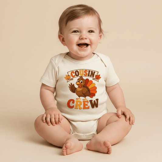A smiling baby sits on the floor wearing the Toodleroos Cousin Crew Baby Onesie – Thanksgiving Turkey Bodysuit, featuring a fun cartoon turkey and “Cousin Crew” lettering, surrounded by autumn leaves—a perfect Thanksgiving outfit for your little one.