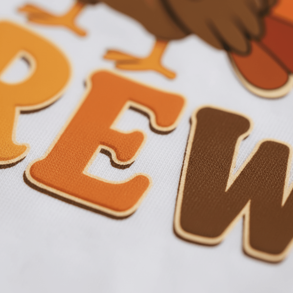 Close-up of colorful, textured letters “E” and “W” in orange and brown on white fabric, with part of a cartoon turkey’s feet and tail visible at the top—part of the Toodleroos Cousin Crew Baby Onesie – Thanksgiving Turkey Bodysuit, perfect for a Thanksgiving baby outfit or matching family Thanksgiving shirt.