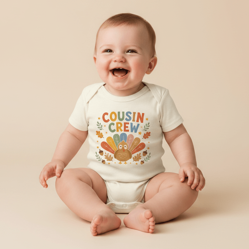 A smiling baby sits on the floor wearing the Toodleroos Thanksgiving Cousin Baby Onesie – a short-sleeve bodysuit featuring a colorful turkey and “Cousin Crew” text, surrounded by small autumn leaves.