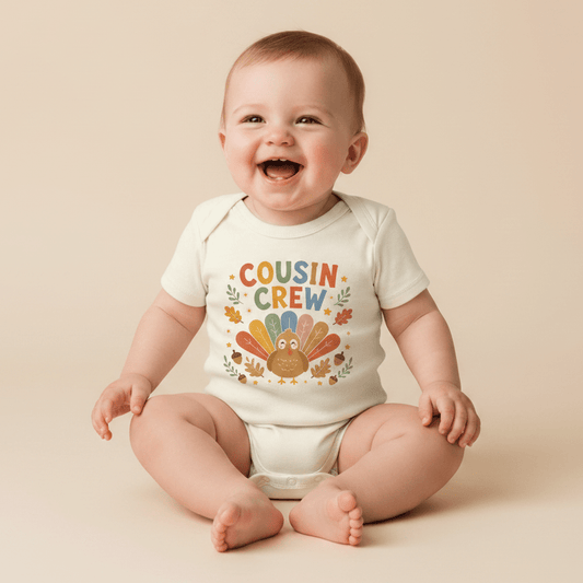 A smiling baby sits on the floor wearing the Toodleroos Thanksgiving Cousin Baby Onesie – a short-sleeve bodysuit featuring a colorful turkey and “Cousin Crew” text, surrounded by small autumn leaves.