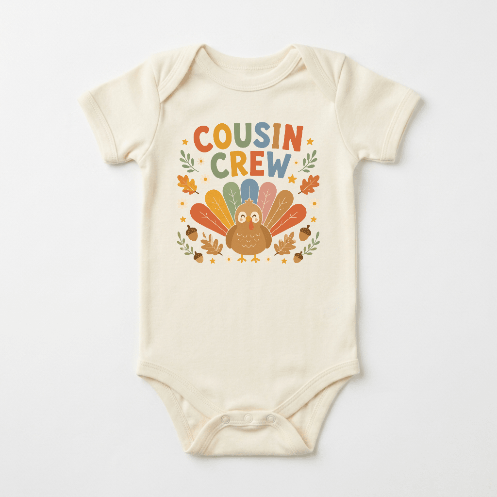 Dress your little one for the holiday in the Toodleroos Thanksgiving Cousin Baby Onesie – Cousin Crew Turkey Short-Sleeve Bodysuit. This beige bodysuit features a charming turkey design with vibrant multicolored feathers, “Cousin Crew” written above, and is accented by small leaf and star details—making it the perfect outfit for festive celebrations with family.