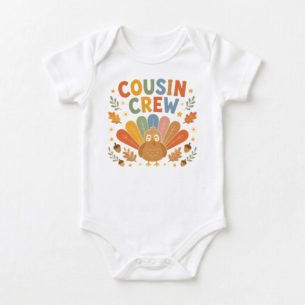Dress your little one in festive style with the Toodleroos Thanksgiving Cousin Baby Onesie – Cousin Crew Turkey Short-Sleeve Bodysuit. This adorable white bodysuit features a vibrant turkey graphic, colorful autumn leaves, and playful “Cousin Crew” lettering above the turkey—making it perfect for your baby’s first cousin crew gathering. Add a touch of holiday charm to any celebration with this charming Thanksgiving outfit from Toodleroos!.