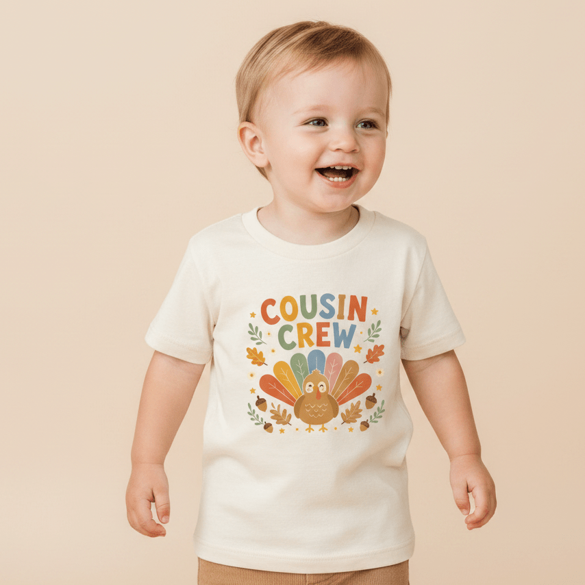 A happy toddler wearing the Toodleroos Thanksgiving Cousin Shirt – Cousin Crew Turkey Toddler Tee, featuring a vibrant cartoon turkey and autumn leaves design on the front, stands against a beige background.