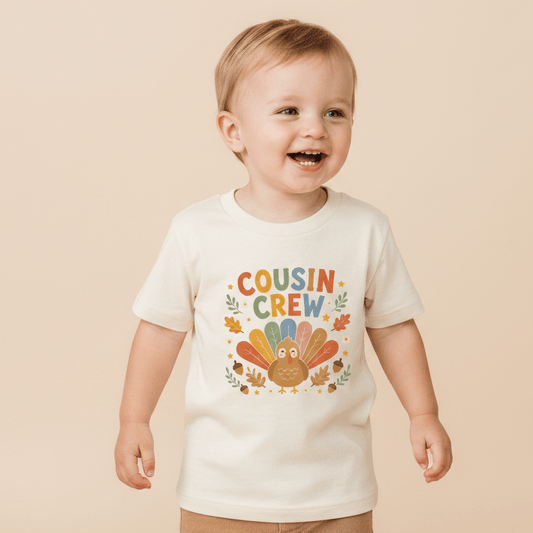 A happy toddler wearing the Toodleroos Thanksgiving Cousin Shirt – Cousin Crew Turkey Toddler Tee, featuring a vibrant cartoon turkey and autumn leaves design on the front, stands against a beige background.