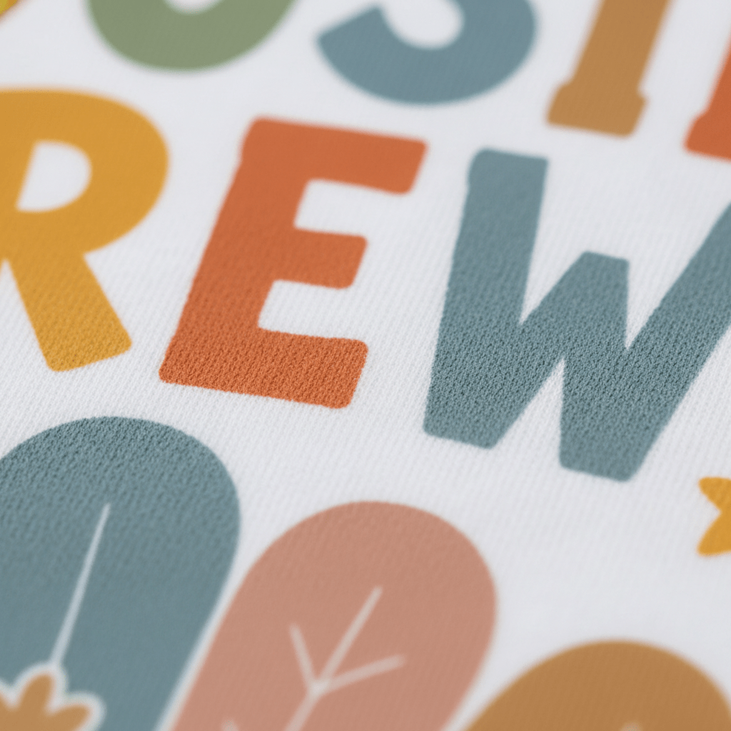A close-up of vibrant, blocky letters printed on white fabric from the Toodleroos Thanksgiving Cousin Shirt – Cousin Crew Turkey Toddler Tee. The visible orange “R” and blue “W,” along with glimpses of green, yellow, and orange letters, create a playful design—perfect for a cheerful toddler Thanksgiving cousin crew shirt.