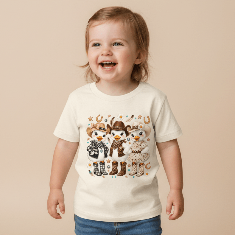 A smiling toddler wears the Toodleroos Cowgirl Duck Trio Kids Shirt – Country Girls Tee, featuring a charming print of three cartoon cowgirls with stars and horseshoes. Perfect for little ones who love western style, this kids’ shirt pops beautifully against its neutral beige background.
