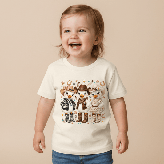 A smiling toddler wears the Toodleroos Cowgirl Duck Trio Kids Shirt – Country Girls Tee, featuring a charming print of three cartoon cowgirls with stars and horseshoes. Perfect for little ones who love western style, this kids’ shirt pops beautifully against its neutral beige background.