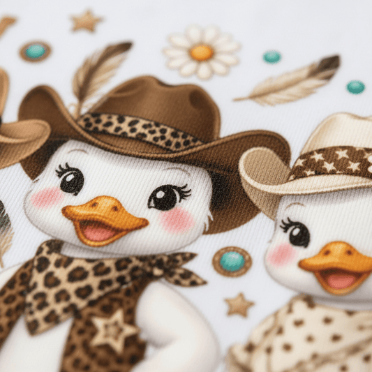 Three cartoon ducks dressed in cowboy hats and scarves are surrounded by feathers, flowers, and turquoise stars on a white background—featured on the Cowgirl Duck Trio Kids Shirt by Toodleroos, perfect for any country girls tee collection.