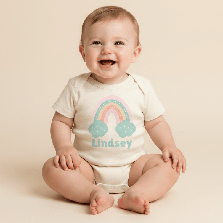 A cheerful baby sits on the floor wearing the Toodleroos Custom Pastel Rainbow Infant Onesie – Personalized Name Bodysuit, featuring a pastel rainbow, blue clouds, and “Lindsey” printed on the front—an adorable custom outfit that’s ideal for a baby shower gift.