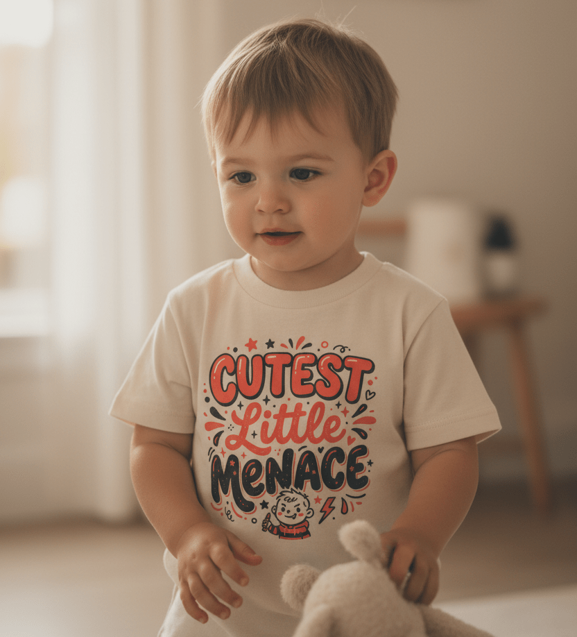 In a well-lit room, a toddler wearing the Toodleroos “Cutest Little Menace Toddler Boys Shirt – Funny Sassy Tee” with colorful designs holds a plush toy and smiles slightly.