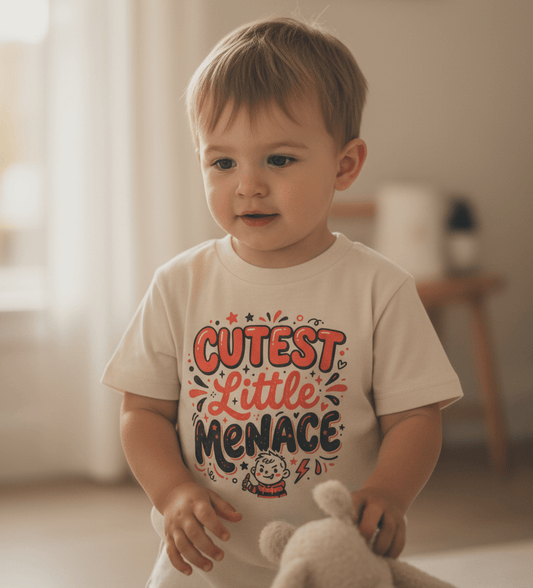In a well-lit room, a toddler wearing the Toodleroos “Cutest Little Menace Toddler Boys Shirt – Funny Sassy Tee” with colorful designs holds a plush toy and smiles slightly.