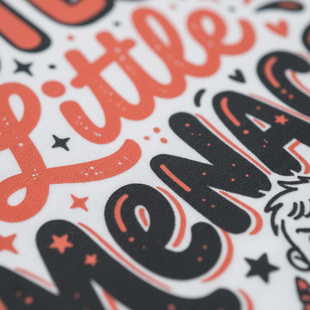 Close-up of textured text in bold red and black letters spelling out “Little Menace,” accented with small stars and playful details on a white background—perfect for the Toodleroos Cutest Little Menace Toddler Boys Shirt, a funny sassy tee.