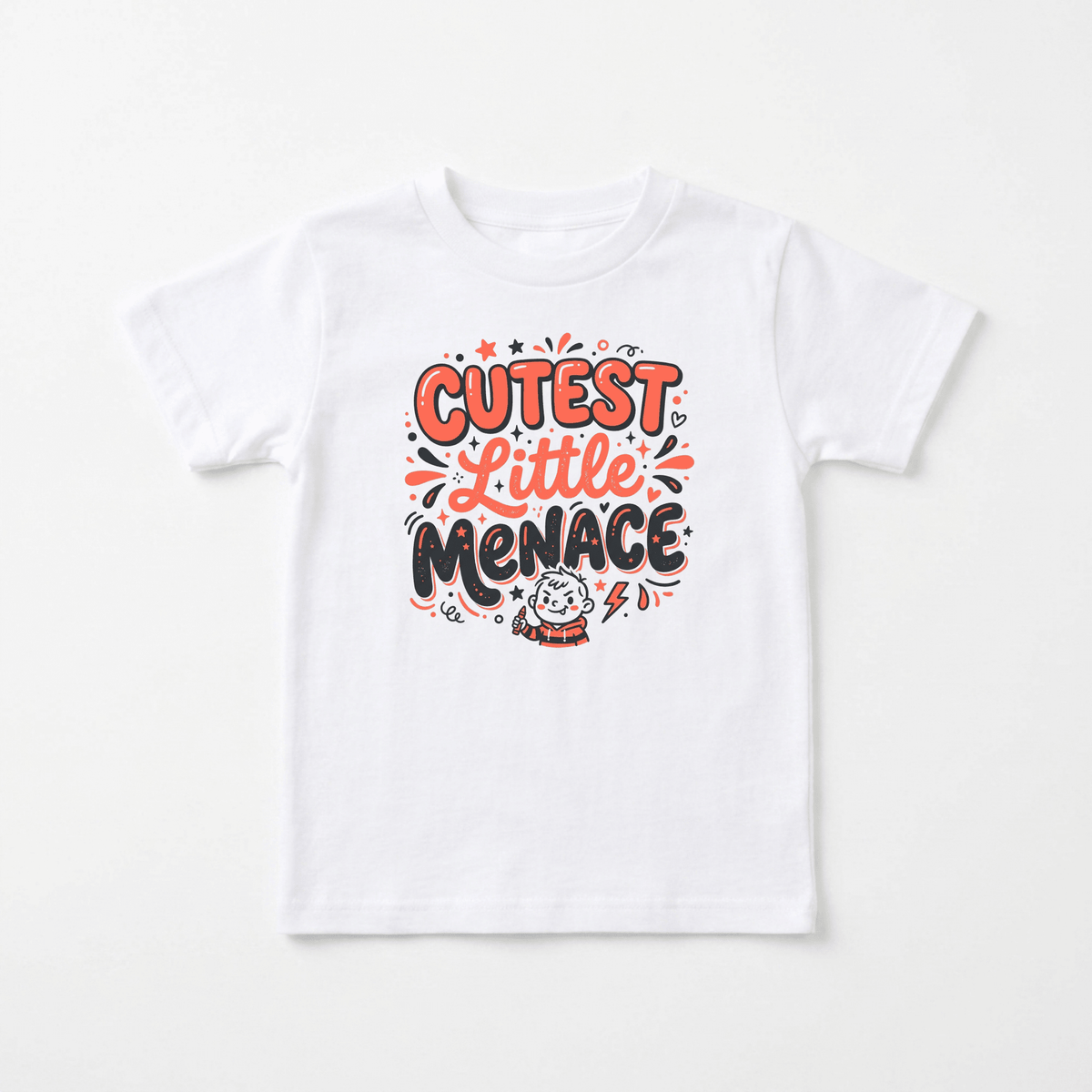 Dress your little one in the Toodleroos Cutest Little Menace Toddler Boys Shirt – a funny, sassy tee featuring lively red and black lettering with playful doodles and a charming cartoon character at the bottom. This adorable toddler graphic shirt is perfect for showcasing your child’s mischievous side.