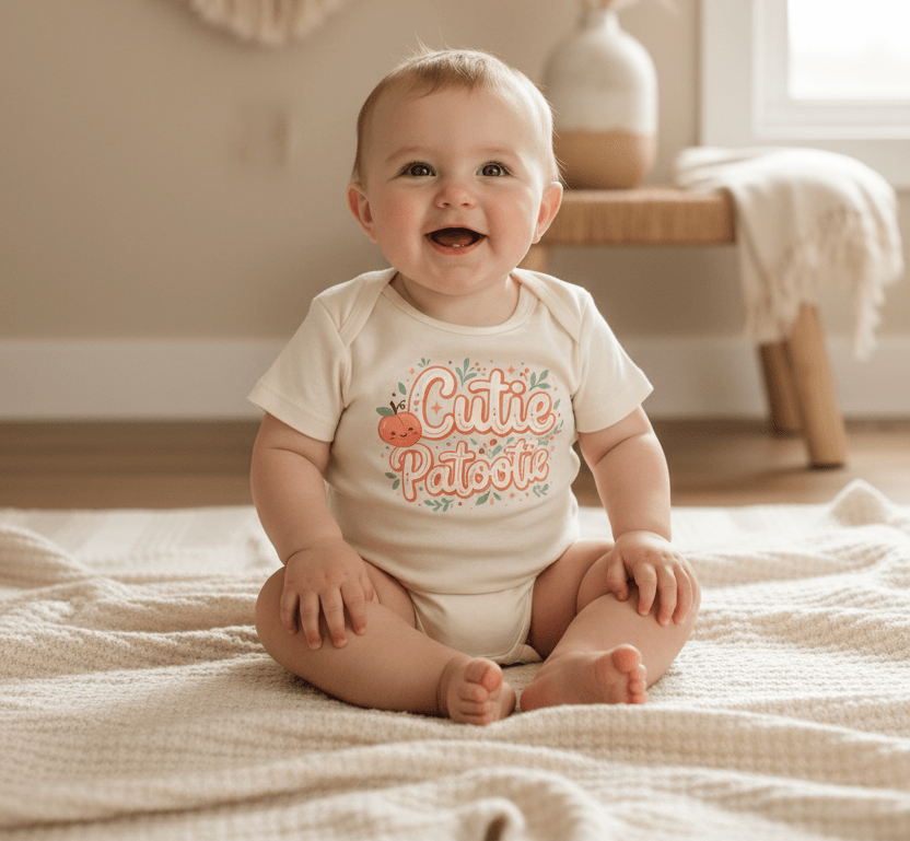A smiling baby sits on a cream blanket, wearing the Toodleroos Cutie Patootie Baby Onesie – Sweet Peach Bodysuit with cheerful, colorful lettering. The cozy room features warm lighting, wooden floors, and neutral decor—making this playful bodysuit from Toodleroos an ideal baby shower gift.
