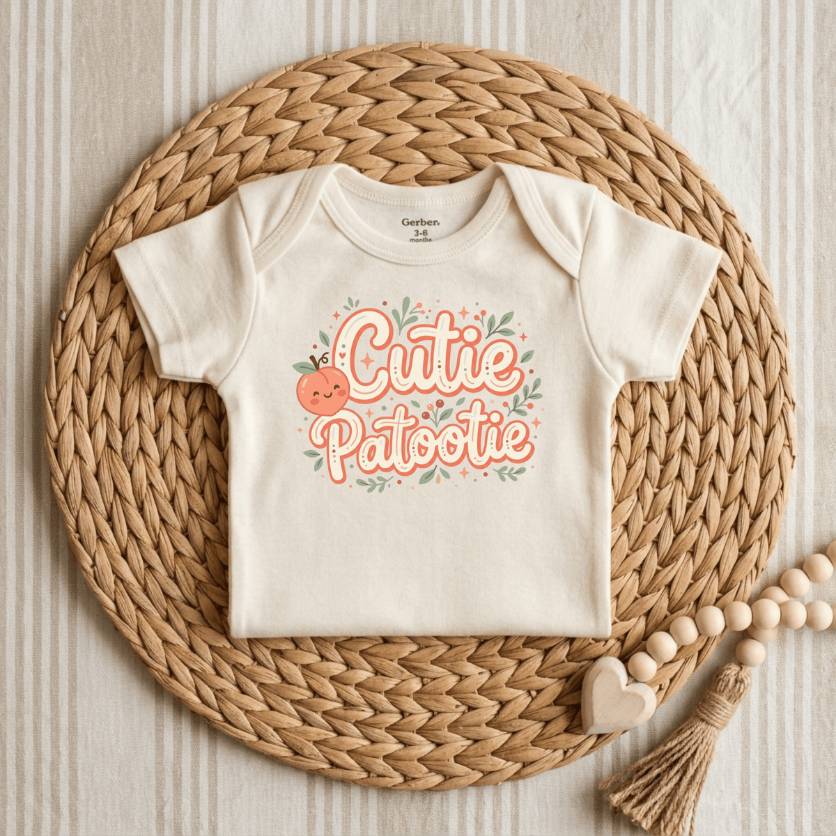 The Toodleroos Cutie Patootie Baby Onesie – Sweet Peach Bodysuit is shown on a woven mat, displaying the words “Cutie Patootie” in a playful font alongside a smiling peach graphic with leafy accents; a wooden rattle rests nearby. This gender-neutral bodysuit makes an adorable baby shower gift.