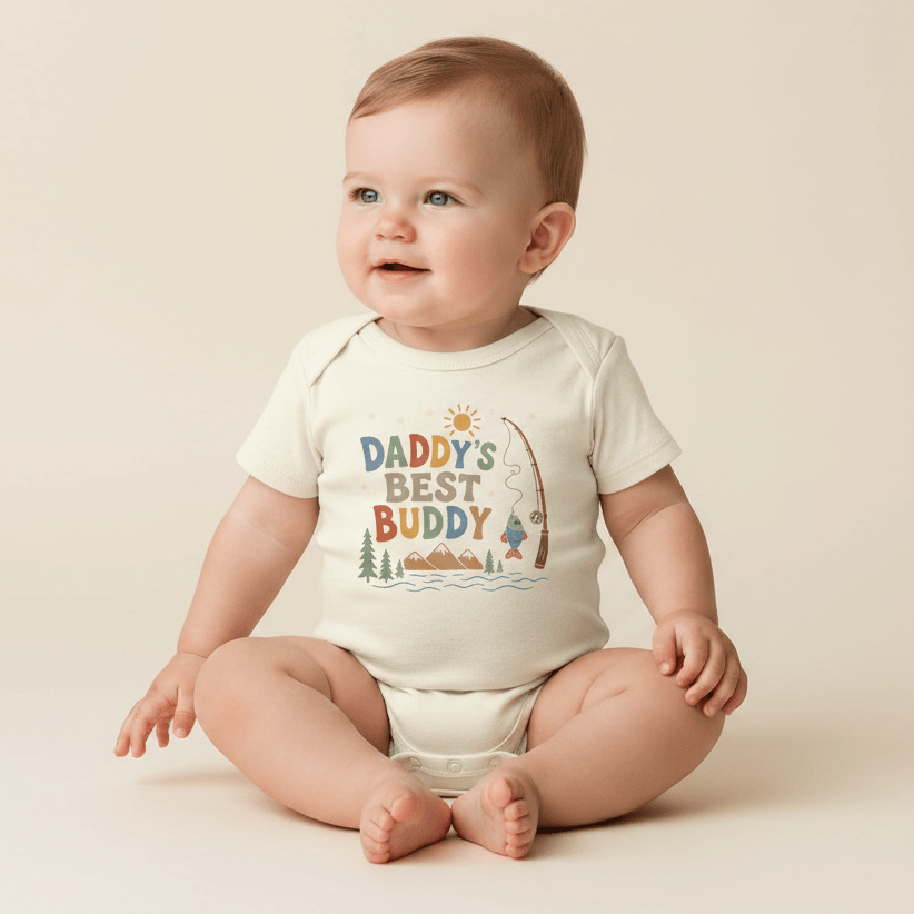 A smiling baby sits on the floor wearing the Toodleroos Baby Boy Fishing Onesie – Daddy’s Best Buddy Short-Sleeve Bodysuit, featuring a charming fishing-themed design and the phrase “Daddy’s Best Buddy” printed on the front.