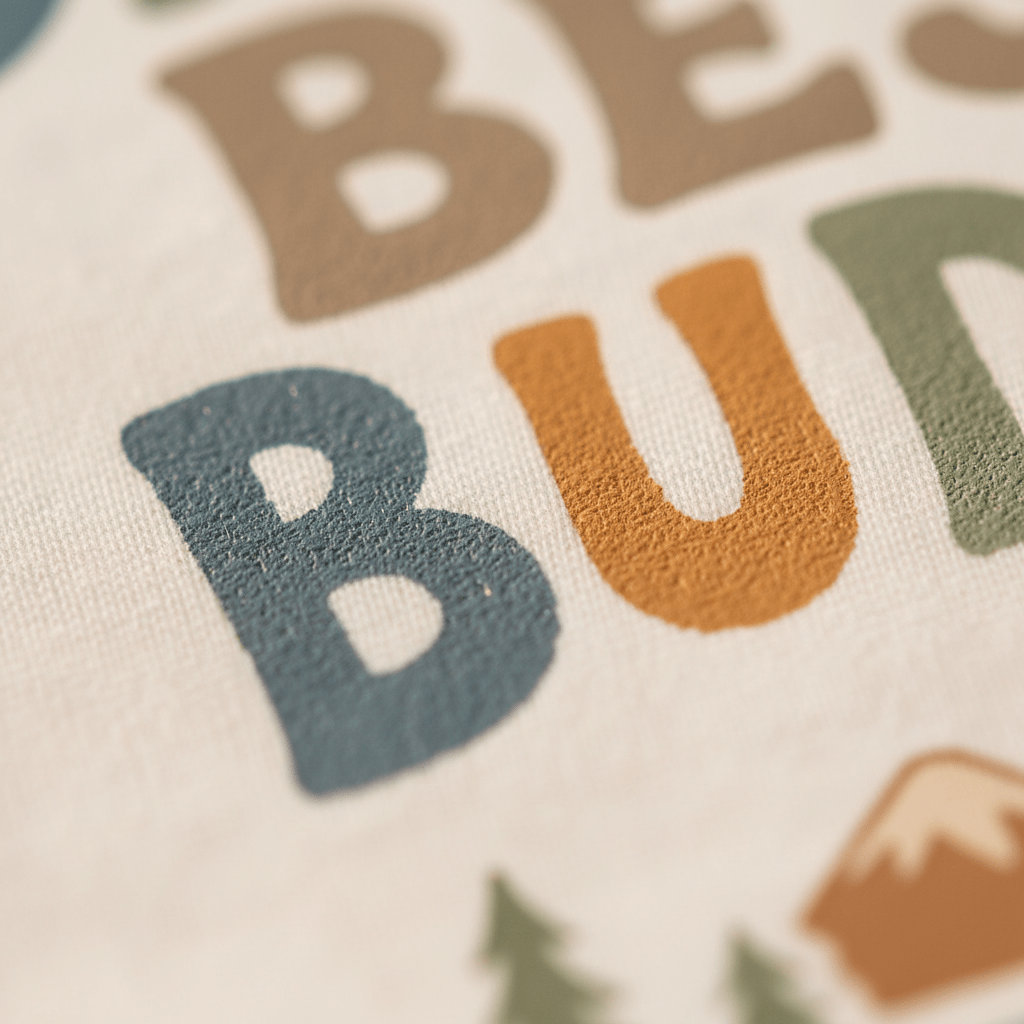A close-up of textured, colorful letters on fabric spelling “BUD” appears above a charming scene featuring a mountain and trees—an adorable detail on the Toodleroos Baby Boy Fishing Onesie – Daddy’s Best Buddy Short-Sleeve Bodysuit.