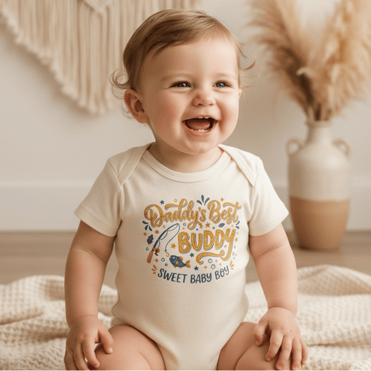 A happy baby boy sits comfortably on a soft blanket, dressed in the Toodleroos Daddy’s Best Buddy Baby Onesie – Fishing Buddy Bodysuit. The neutral-toned décor and pampas grass in the background create a charming setting, making this an ideal Father’s Day gift for any proud dad.