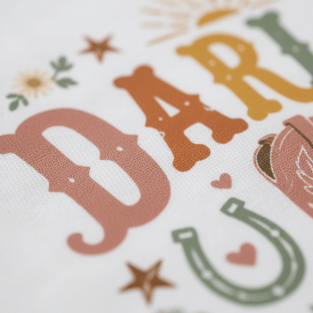 Close-up of colorful, decorative text featuring Western-style letters, flowers, a horseshoe, stars, and hearts printed on white fabric—a perfect design for the Toodleroos Toddler Cowgirl Shirt – Darlin’ Western Cowboy Boots Short-Sleeve Tee.