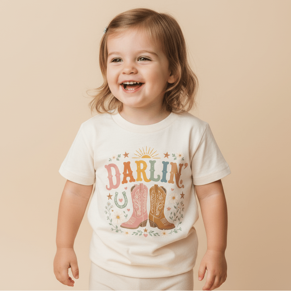 A smiling toddler with light brown hair stands against a beige background, wearing the Toodleroos Toddler Cowgirl Shirt – Darlin’ Western Cowboy Boots Short-Sleeve Tee: a white t-shirt decorated with colorful cowboy boots, stars, a horseshoe, and playful “DARLIN” lettering.