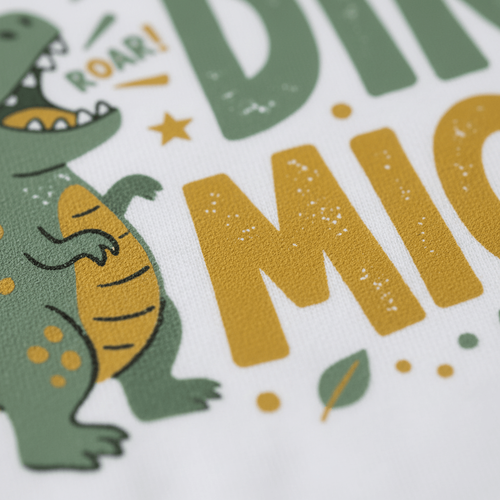 Here’s a rewritten version using your product data: Close-up of the lively dinosaur graphic on the Toodleroos Dino Might Toddler Shirt – Roaring Dinosaur Tee, featuring bold yellow and green “DINO” lettering and part of “MIC” on soft white fabric. The cheerful dinosaur—with green skin, yellow spots, and an open mouth—makes this the perfect prehistoric adventure shirt for little dino lovers.