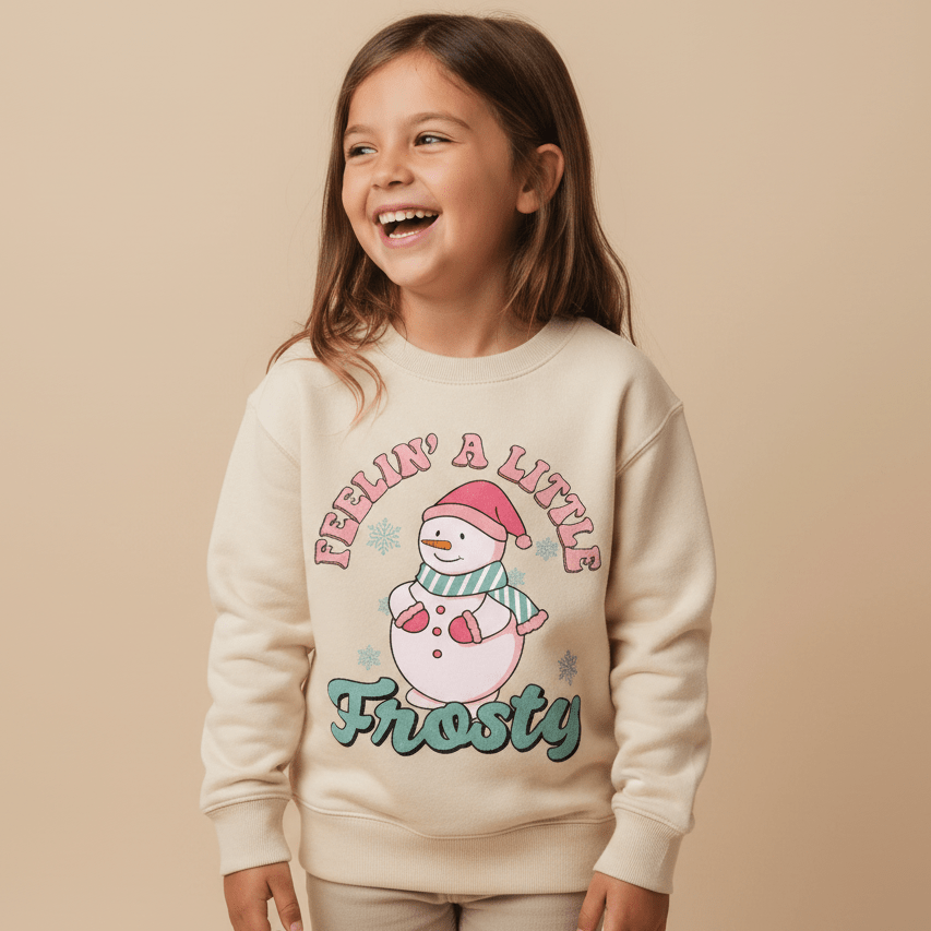 A smiling young girl wears the Toodleroos Feelin’ a Little Frosty Toddler Sweatshirt – Retro Snowman Sweatshirt, featuring a cheerful snowman graphic, playful snowflakes, and the phrase “Feelin’ A Little Frosty” on the front. The scene is set against a neutral beige background.
