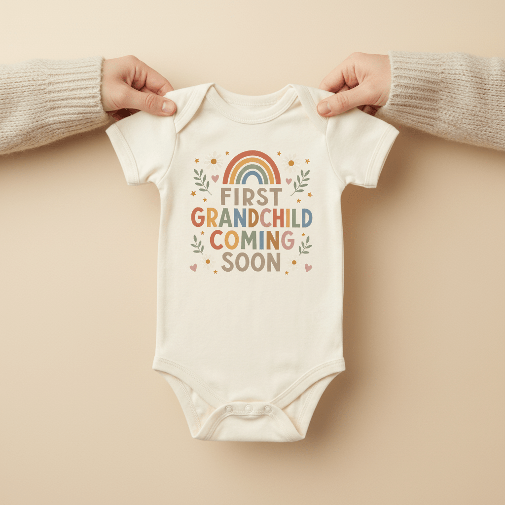 Two hands hold the Toodleroos First Grandchild Pregnancy Announcement Onesie – Coming Soon Short-Sleeve Bodysuit, featuring a vibrant rainbow and decorative accents on a neutral backdrop—an ideal way to announce your first grandchild or surprise new grandparents.