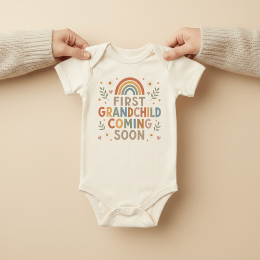 Two hands hold the Toodleroos First Grandchild Pregnancy Announcement Onesie – Coming Soon Short-Sleeve Bodysuit, featuring a vibrant rainbow and decorative accents on a neutral backdrop—an ideal way to announce your first grandchild or surprise new grandparents.