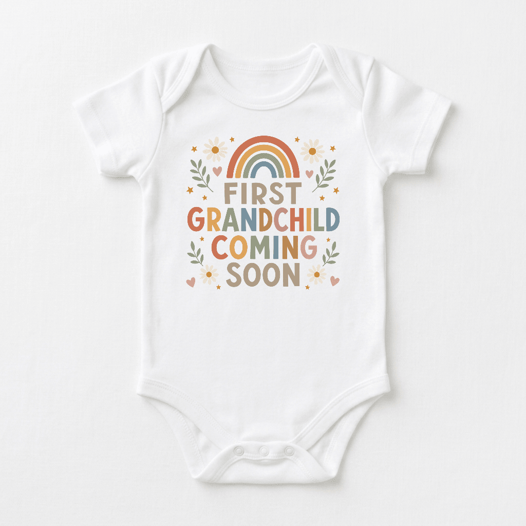 Introducing the Toodleroos First Grandchild Pregnancy Announcement Onesie – Coming Soon Short-Sleeve Bodysuit! This charming white baby bodysuit features a vibrant rainbow, cheerful flowers, and playful “First Grandchild Coming Soon” text—making it the perfect choice for a grandparent reveal or a memorable pregnancy announcement. Share your special news with this adorable onesie and delight family and friends!.